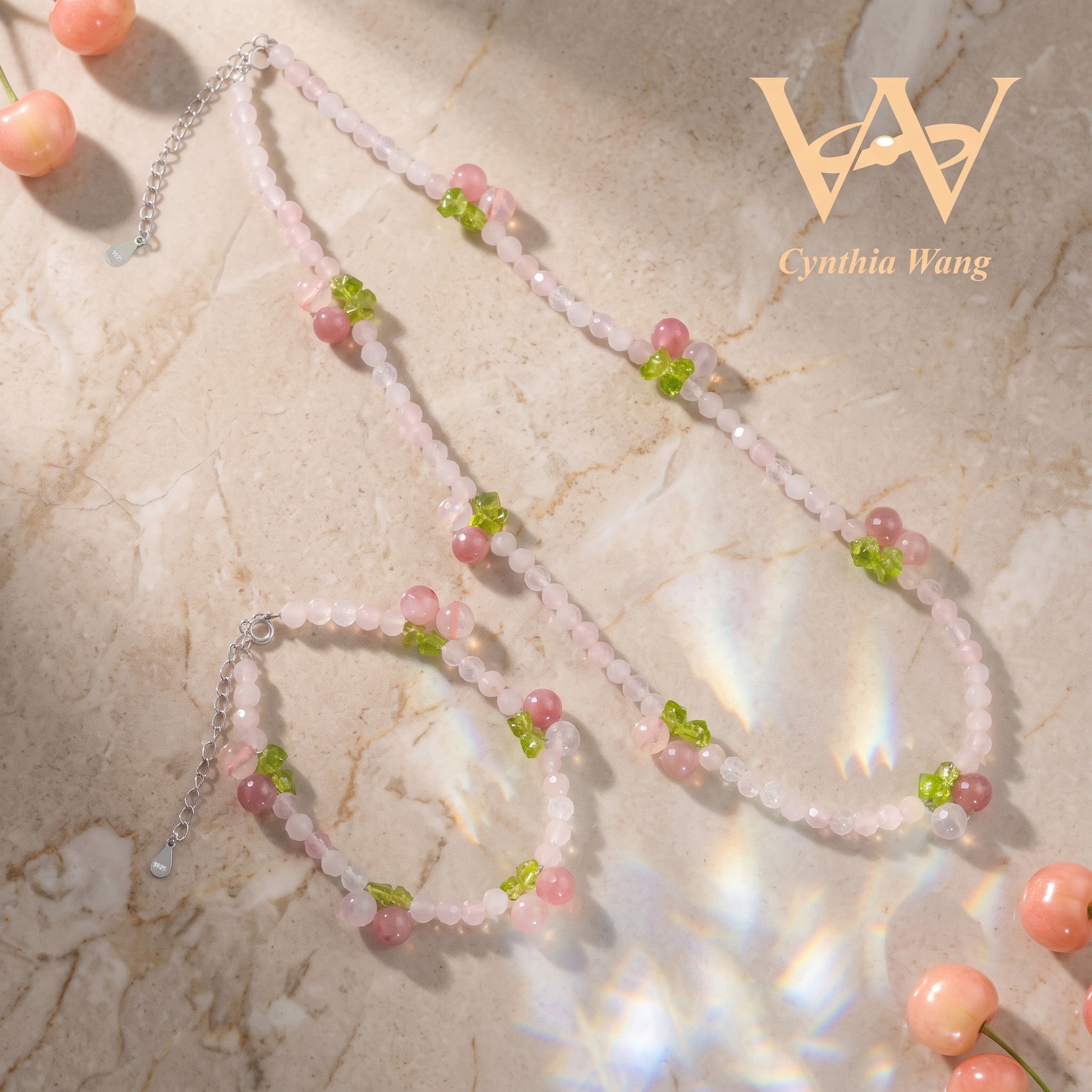 Cynthia Wang Handcrafted Rose Quartz Cherry Necklace and Bracelet Set with S925 Sterling Silver Extender Chain