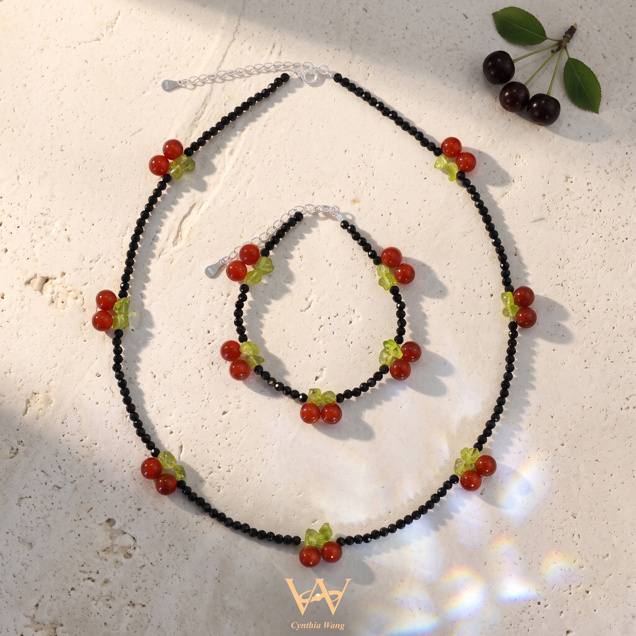 Handcrafted Black Tourmaline & Carnelian Cherry Jewelry Set