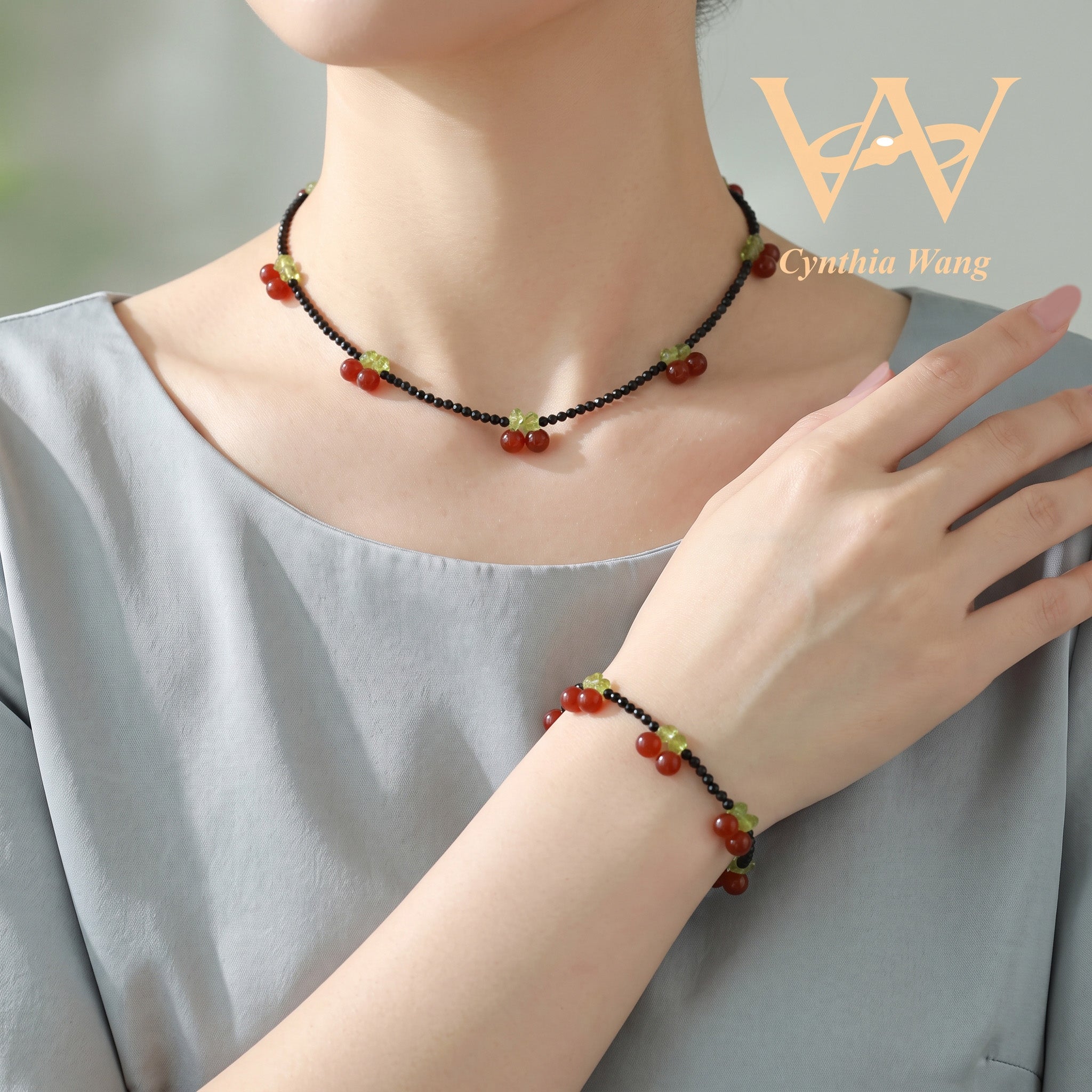 Handcrafted Black Tourmaline & Carnelian Cherry Jewelry Set