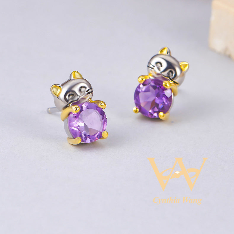 'Lucky Cat' Amethyst Earrings