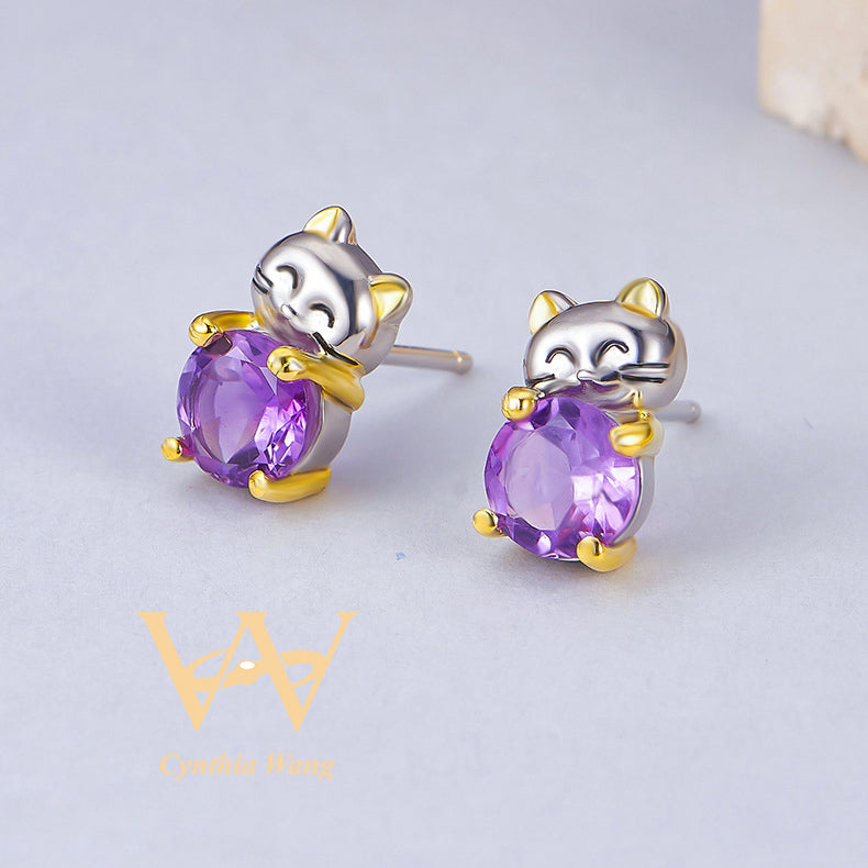 'Lucky Cat' Amethyst Earrings