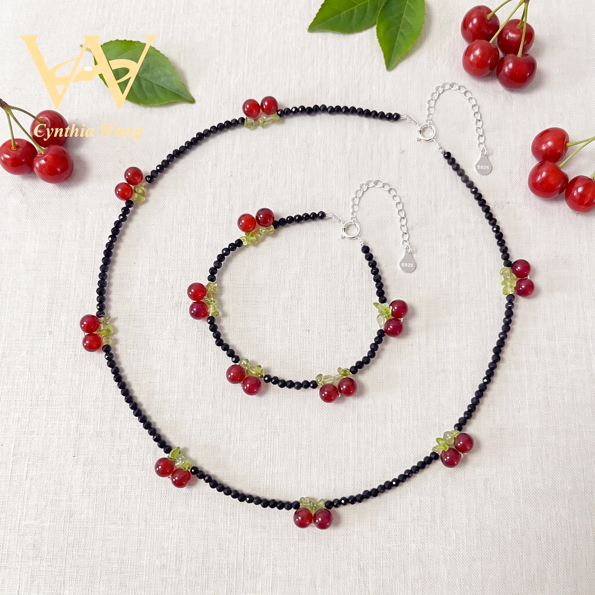 Handcrafted Black Tourmaline & Carnelian Cherry Jewelry Set