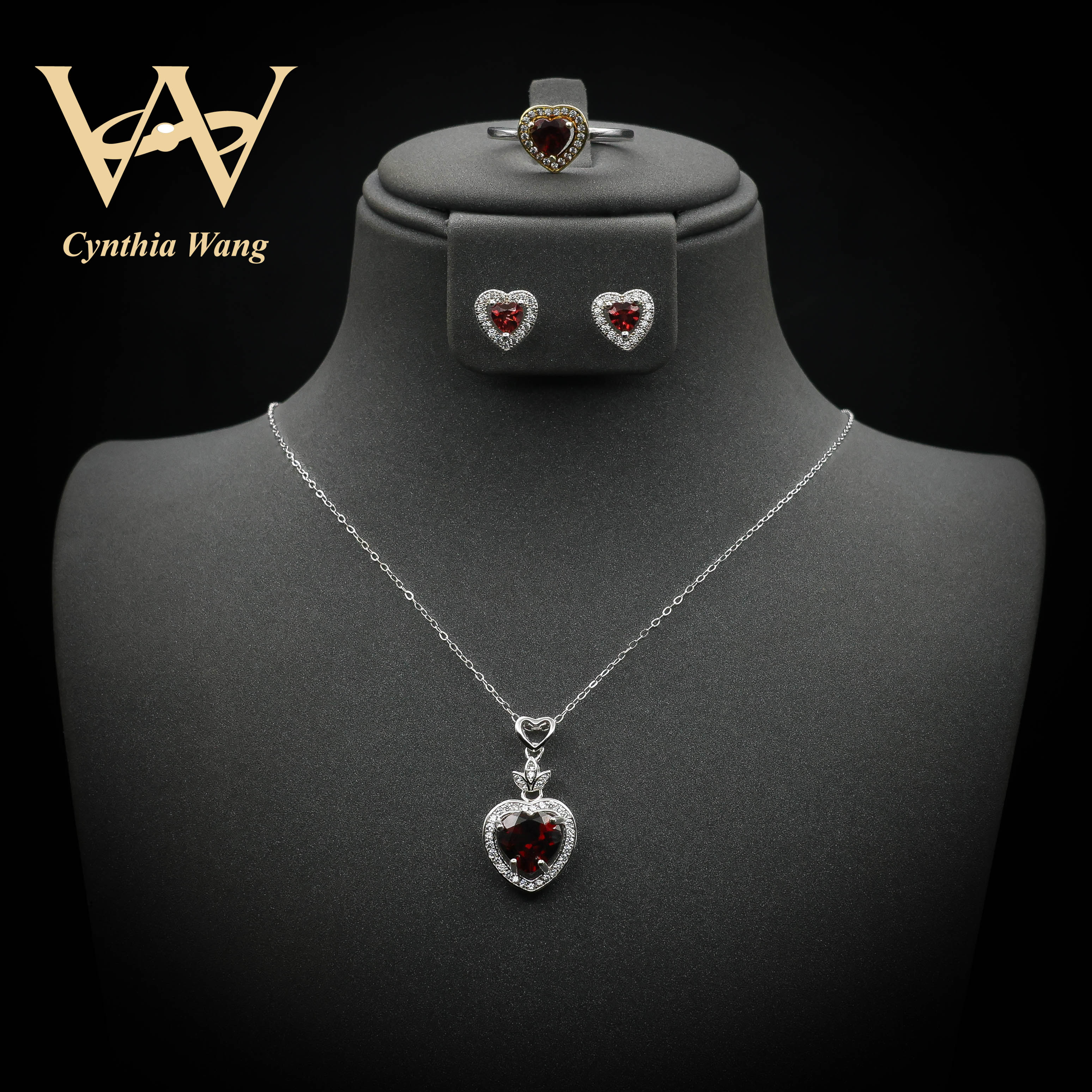 'Sparkling Affection' Red Garnet Ring&Earrings