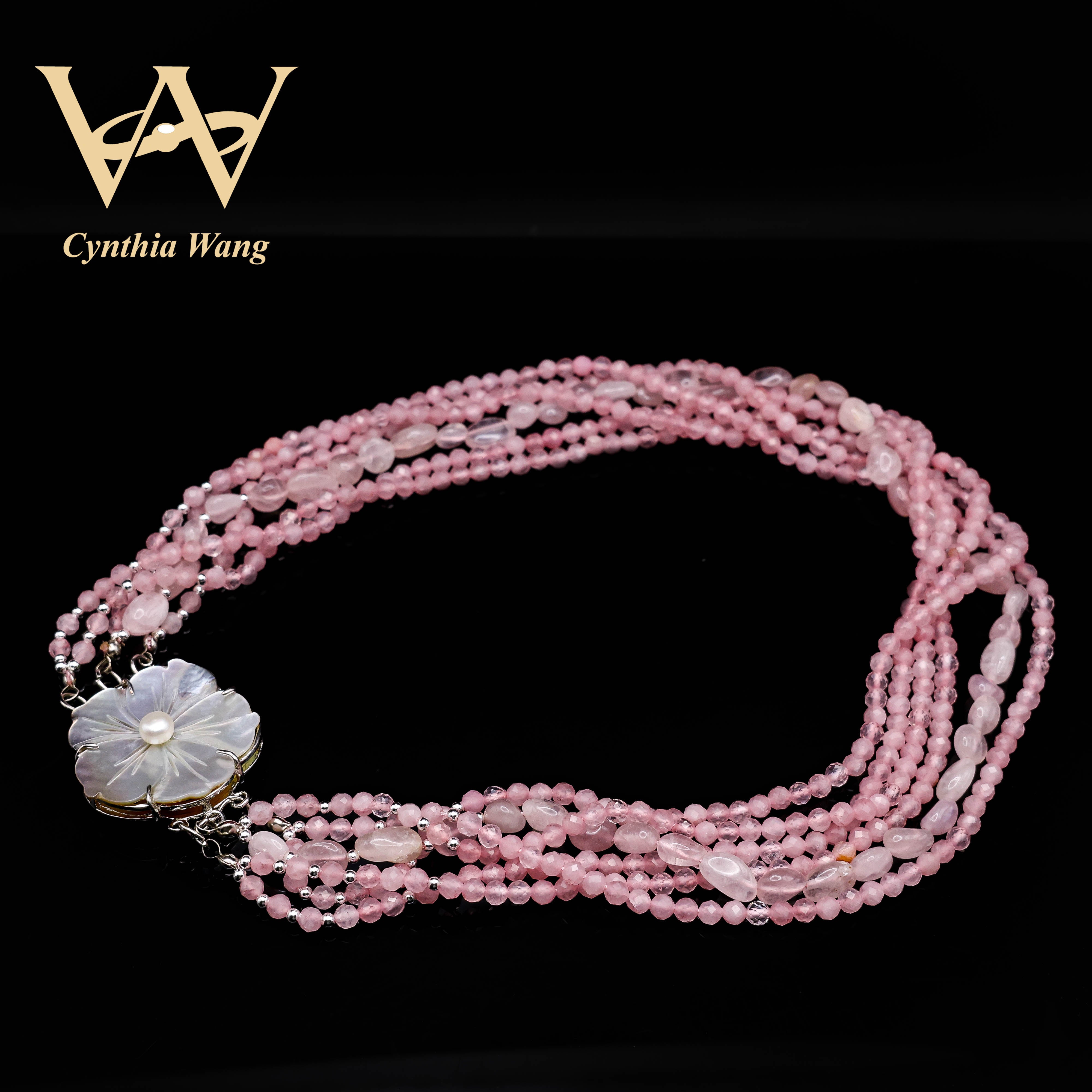'Triple Blossom Delight' Rose Quartz Necklace