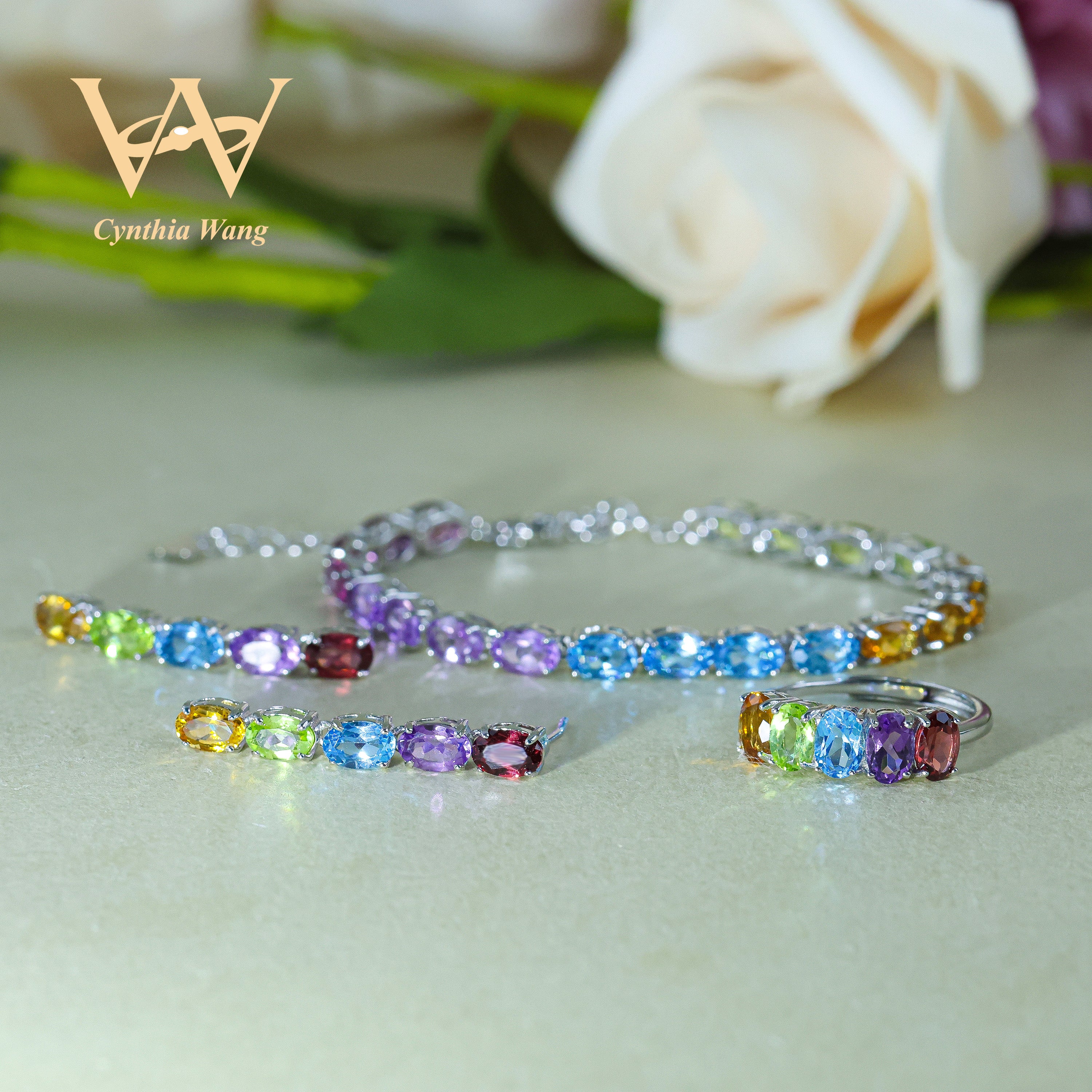 'Vivid Spectrum' Multicolored Gems Ring & Earrings & Bracelet