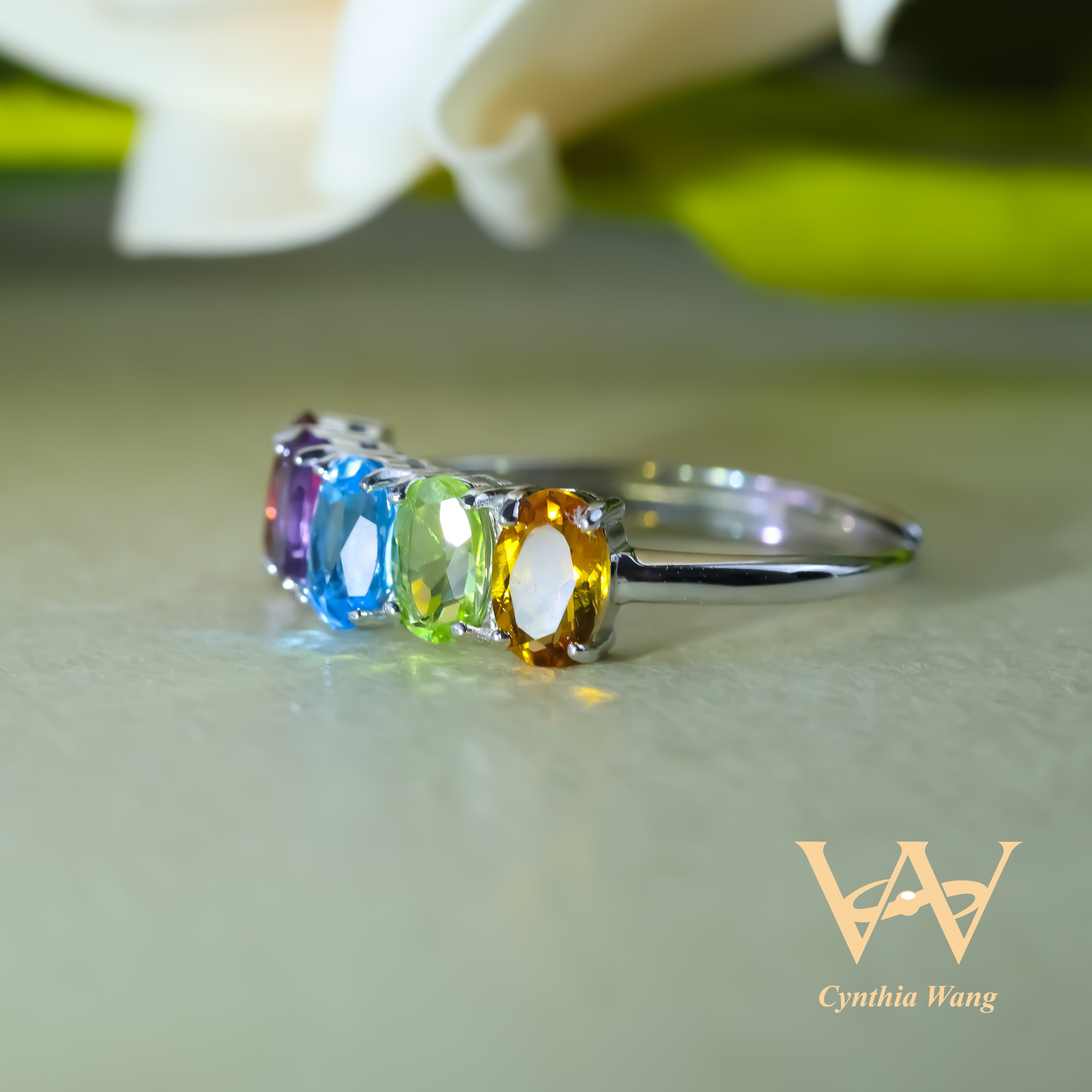 'Vivid Spectrum' Multicolored Gems Ring & Earrings & Bracelet