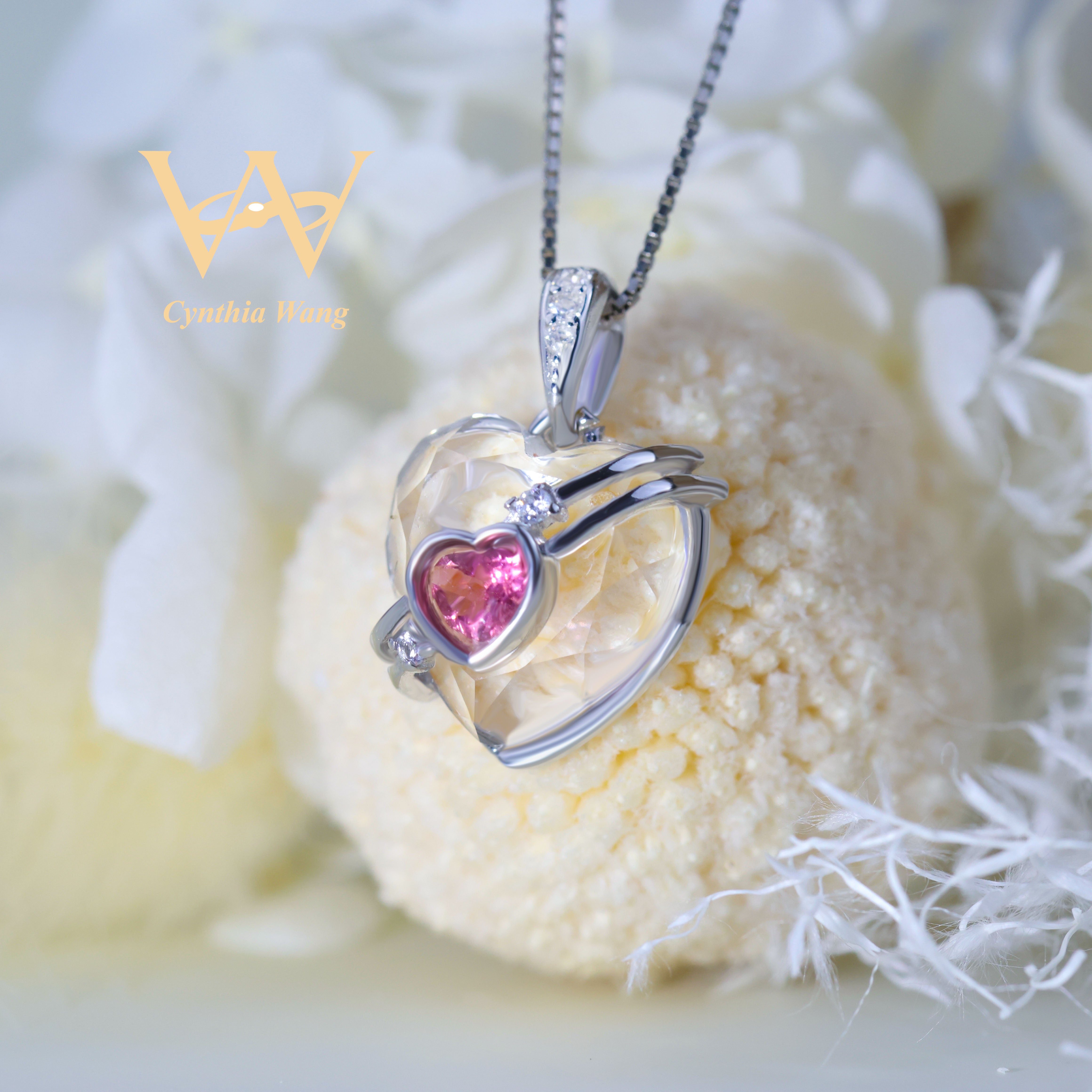 'Heart to Heart' Pink Tourmaline & Clear Quartz Pendant