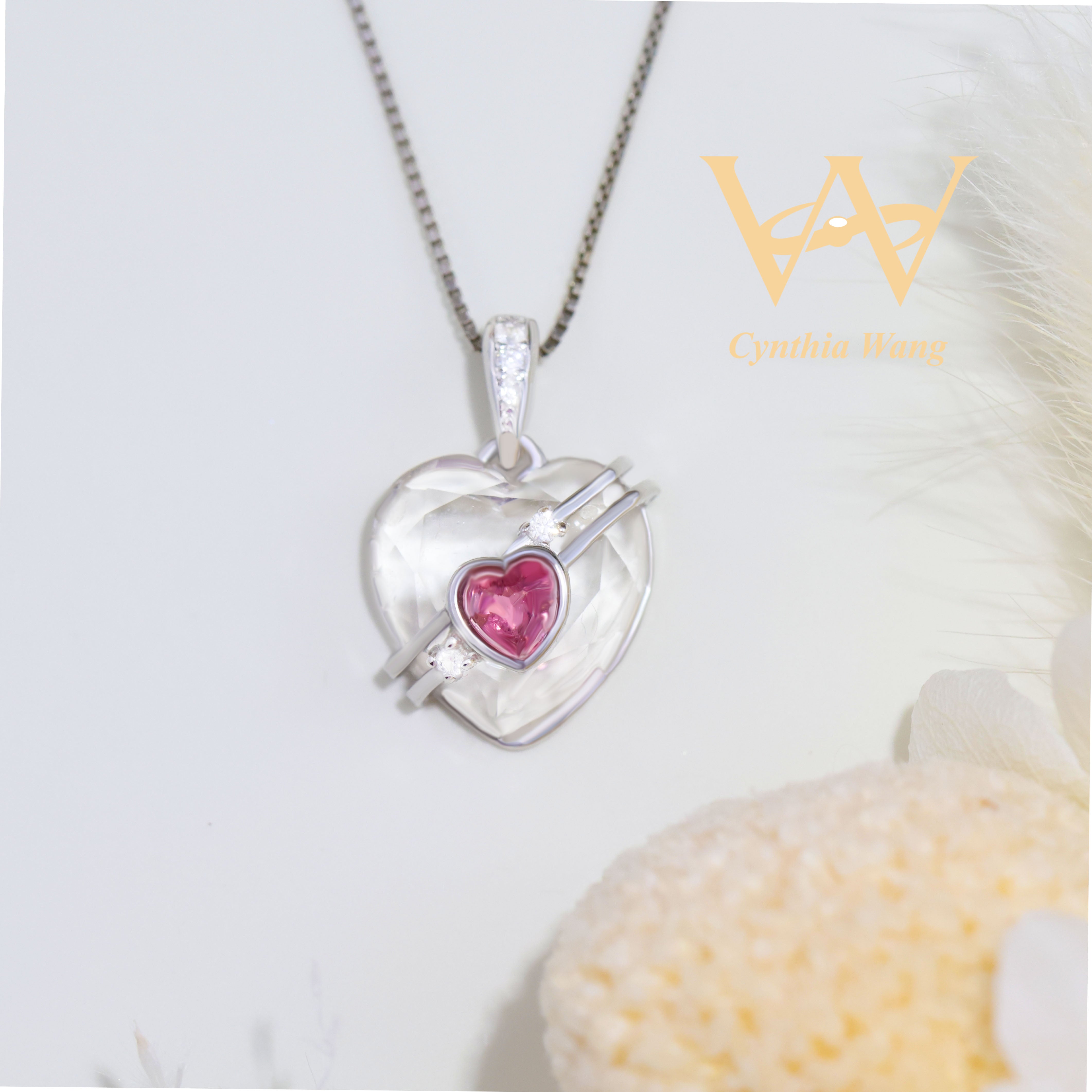 'Heart to Heart' Pink Tourmaline & Clear Quartz Pendant