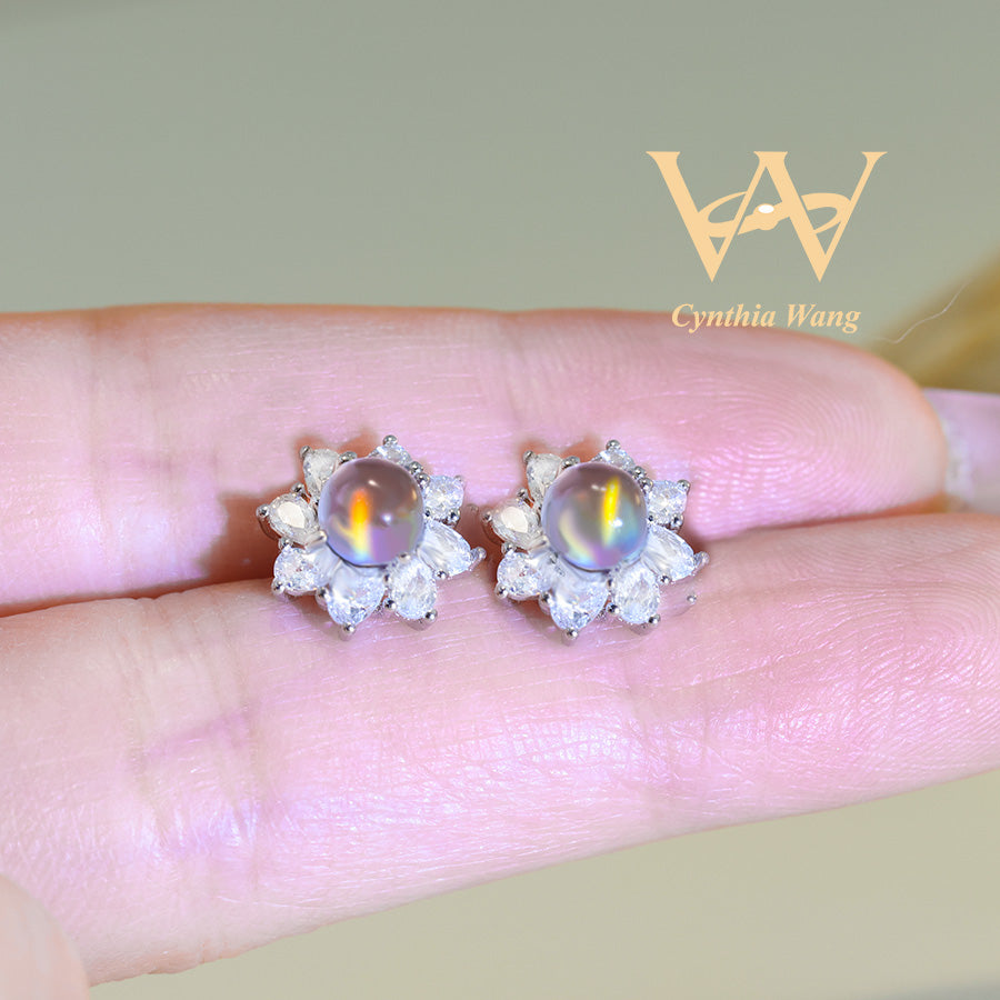 'Rainbow Moonflower' Moonstone Earrings