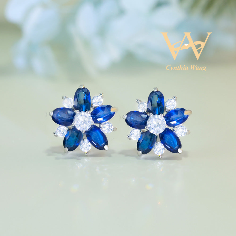 'Glistening Bloom' Blue Sapphire Earrings