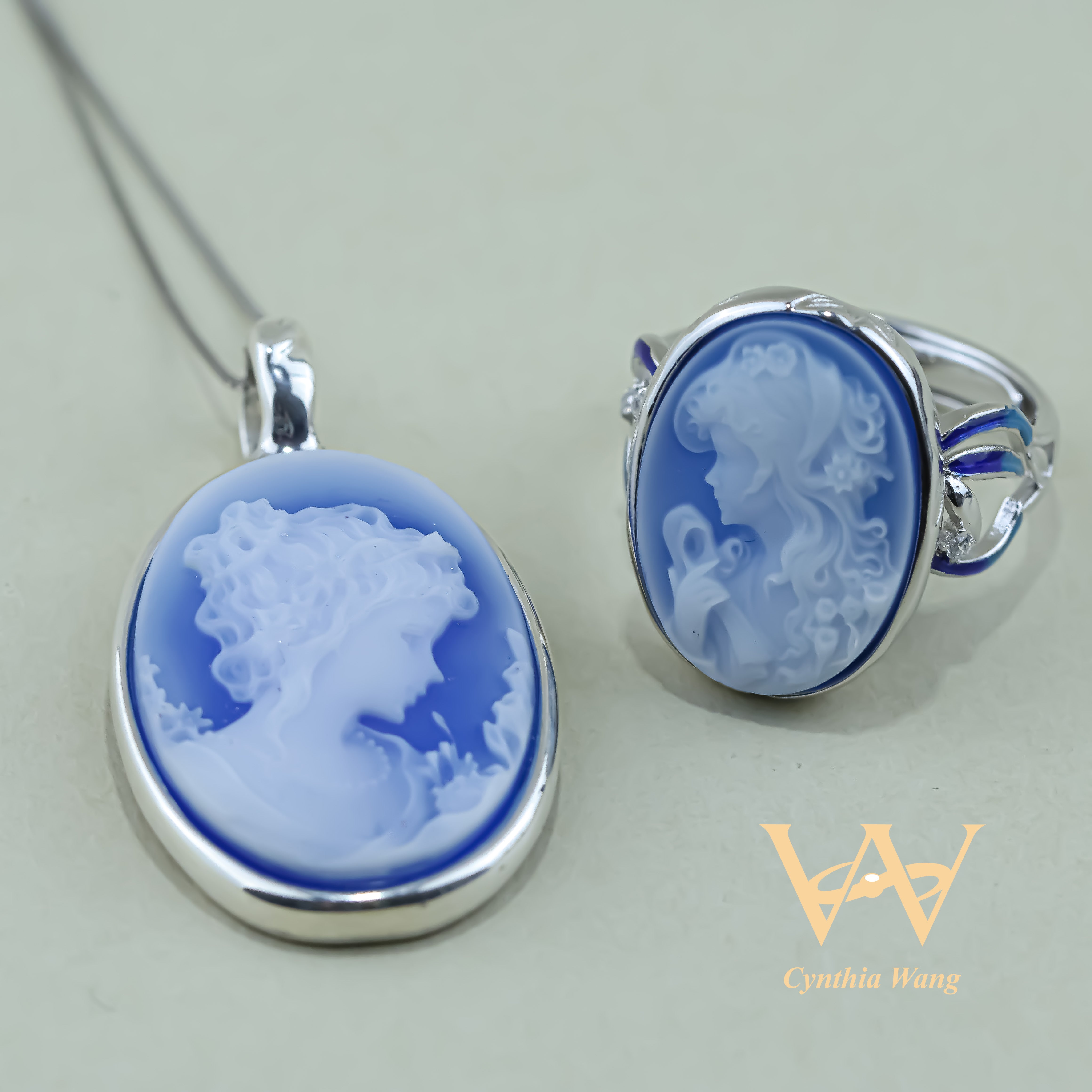 'Thousands of Years of Memory' Blue Agate Cameo Ring & Necklace