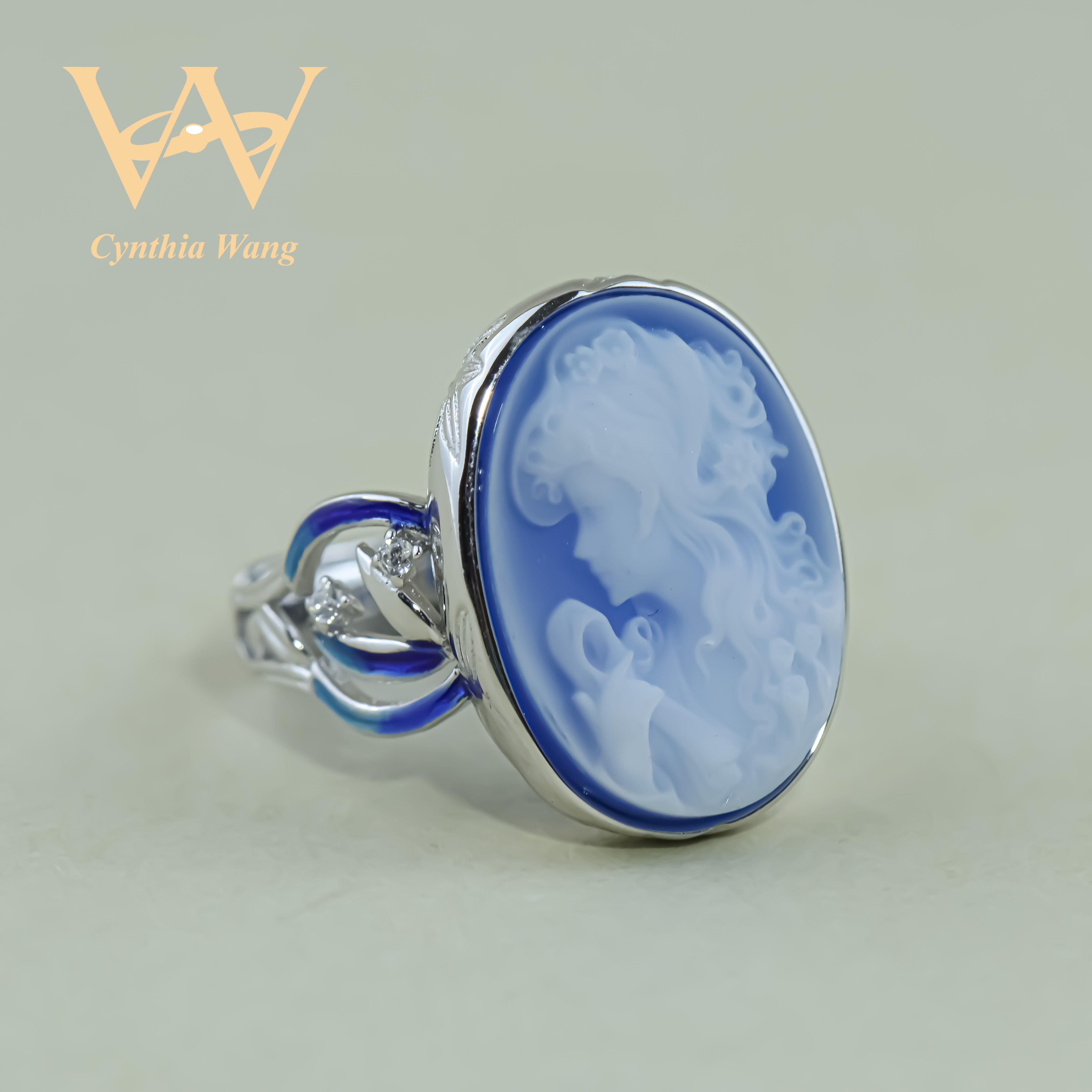 'Thousands of Years of Memory' Blue Agate Cameo Ring & Necklace