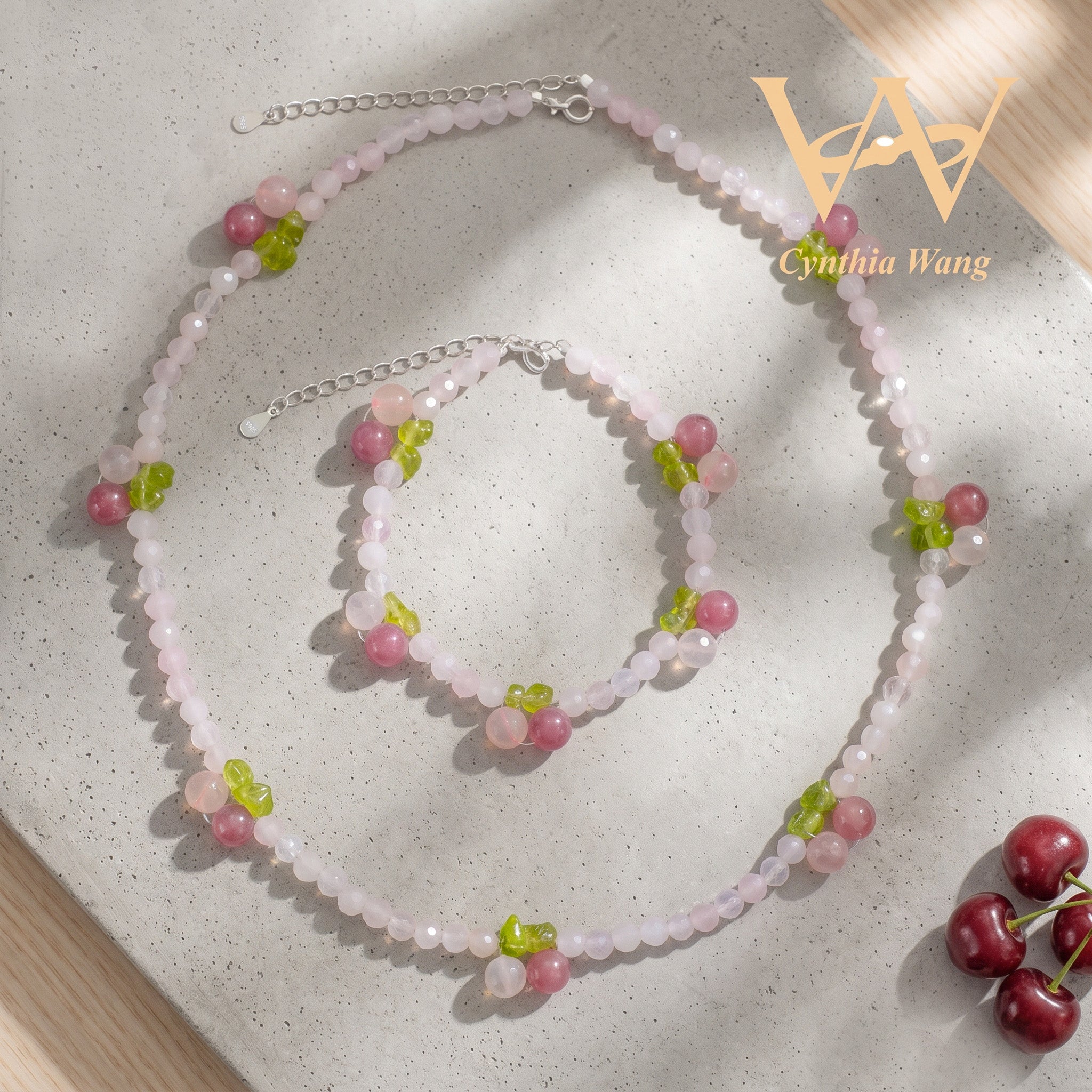 Cynthia Wang Handcrafted Rose Quartz Cherry Necklace and Bracelet Set with S925 Sterling Silver Extender Chain