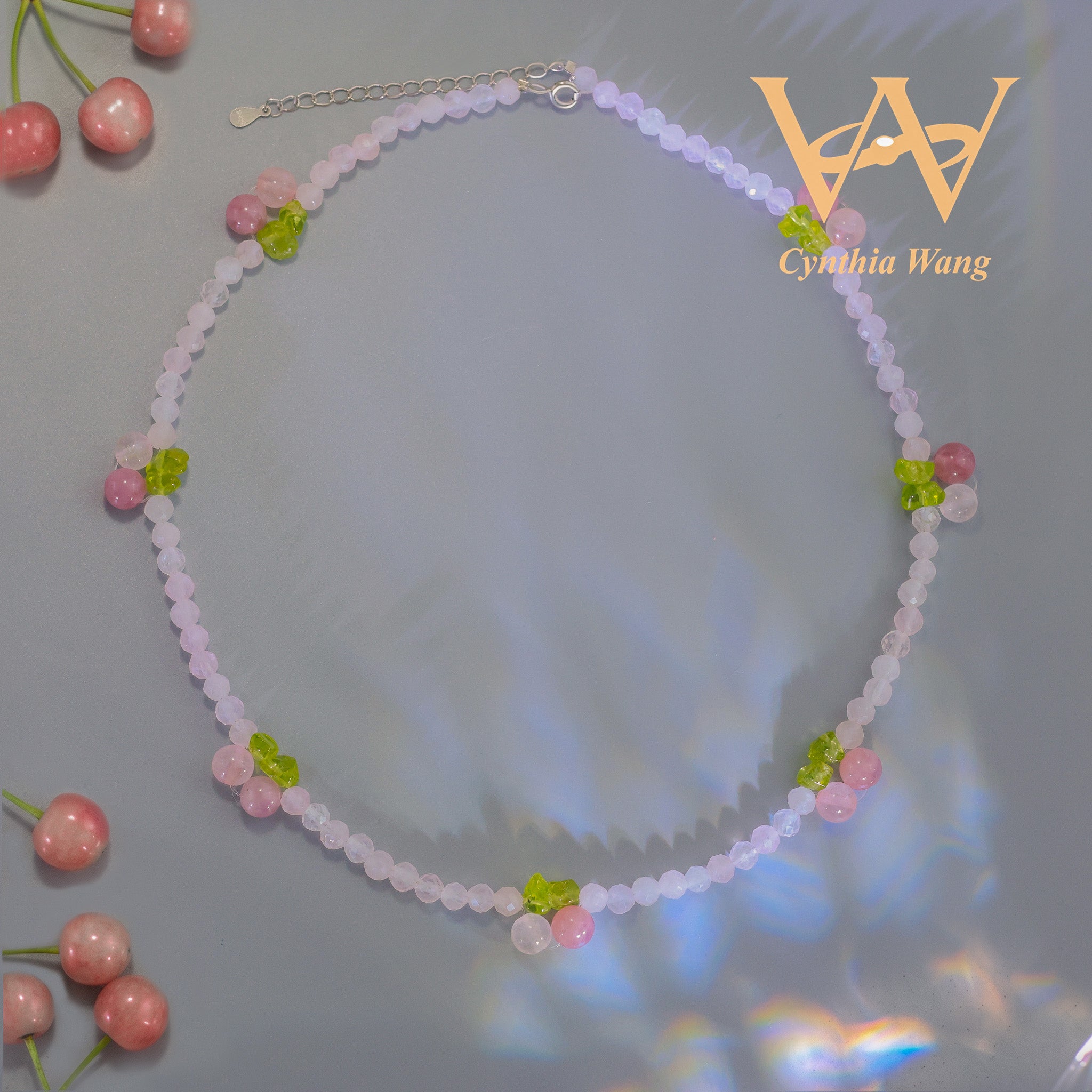 Cynthia Wang Handcrafted Rose Quartz Cherry Necklace and Bracelet Set with S925 Sterling Silver Extender Chain