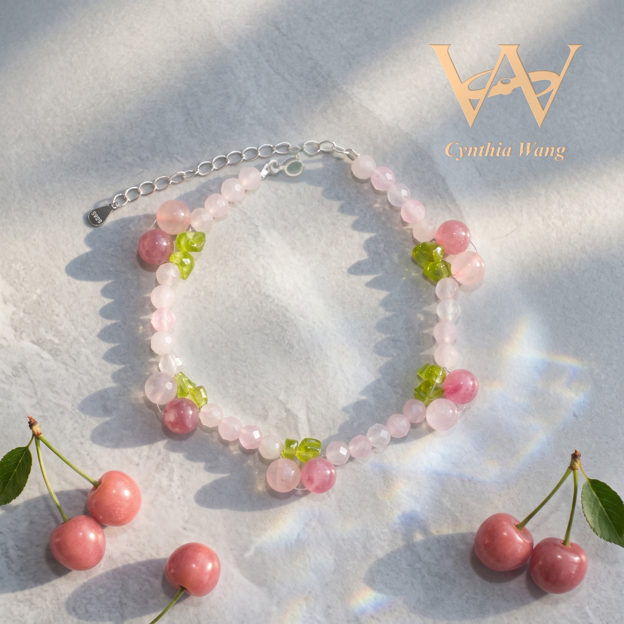 Cynthia Wang Handcrafted Rose Quartz Cherry Necklace and Bracelet Set with S925 Sterling Silver Extender Chain