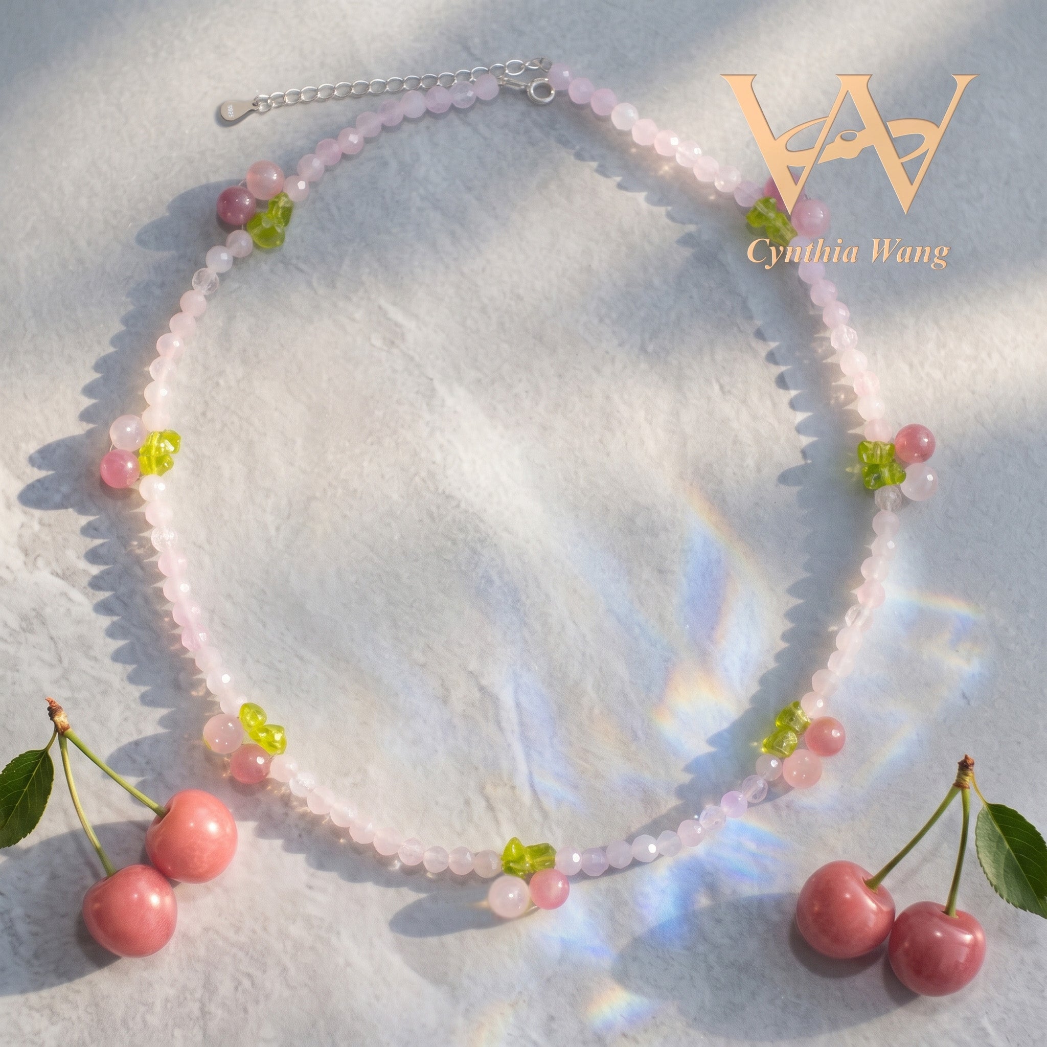 Cynthia Wang Handcrafted Rose Quartz Cherry Necklace and Bracelet Set with S925 Sterling Silver Extender Chain
