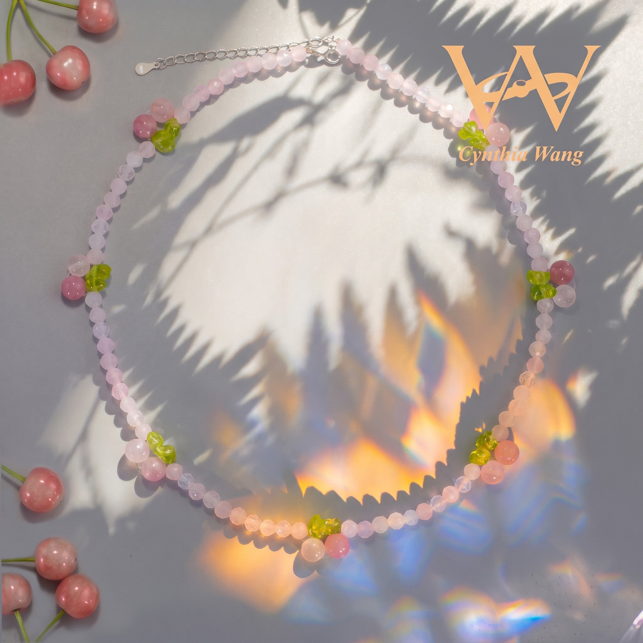 Cynthia Wang Handcrafted Rose Quartz Cherry Necklace and Bracelet Set with S925 Sterling Silver Extender Chain
