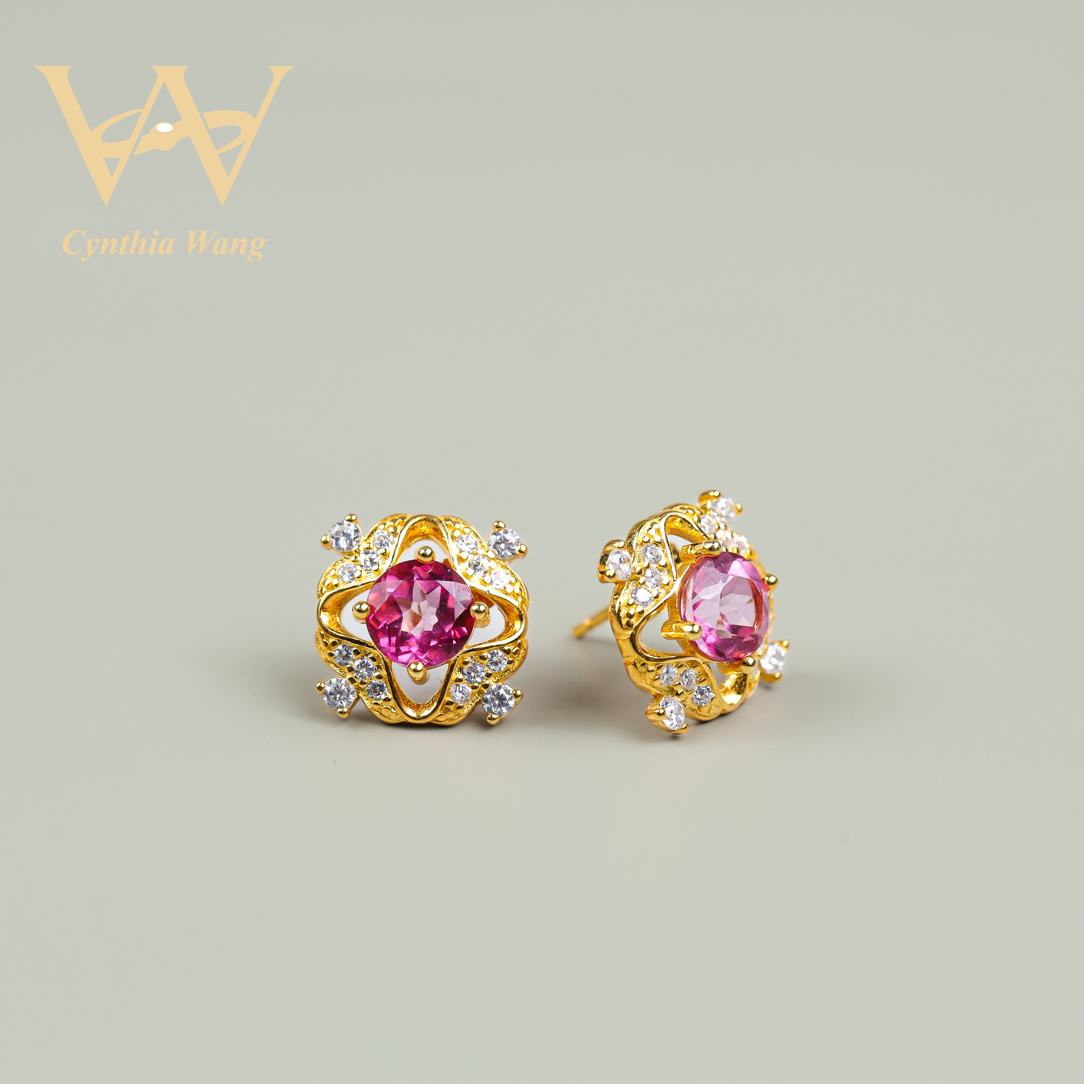 'Pink Four Pointed Star' Pink Topaz Earrings