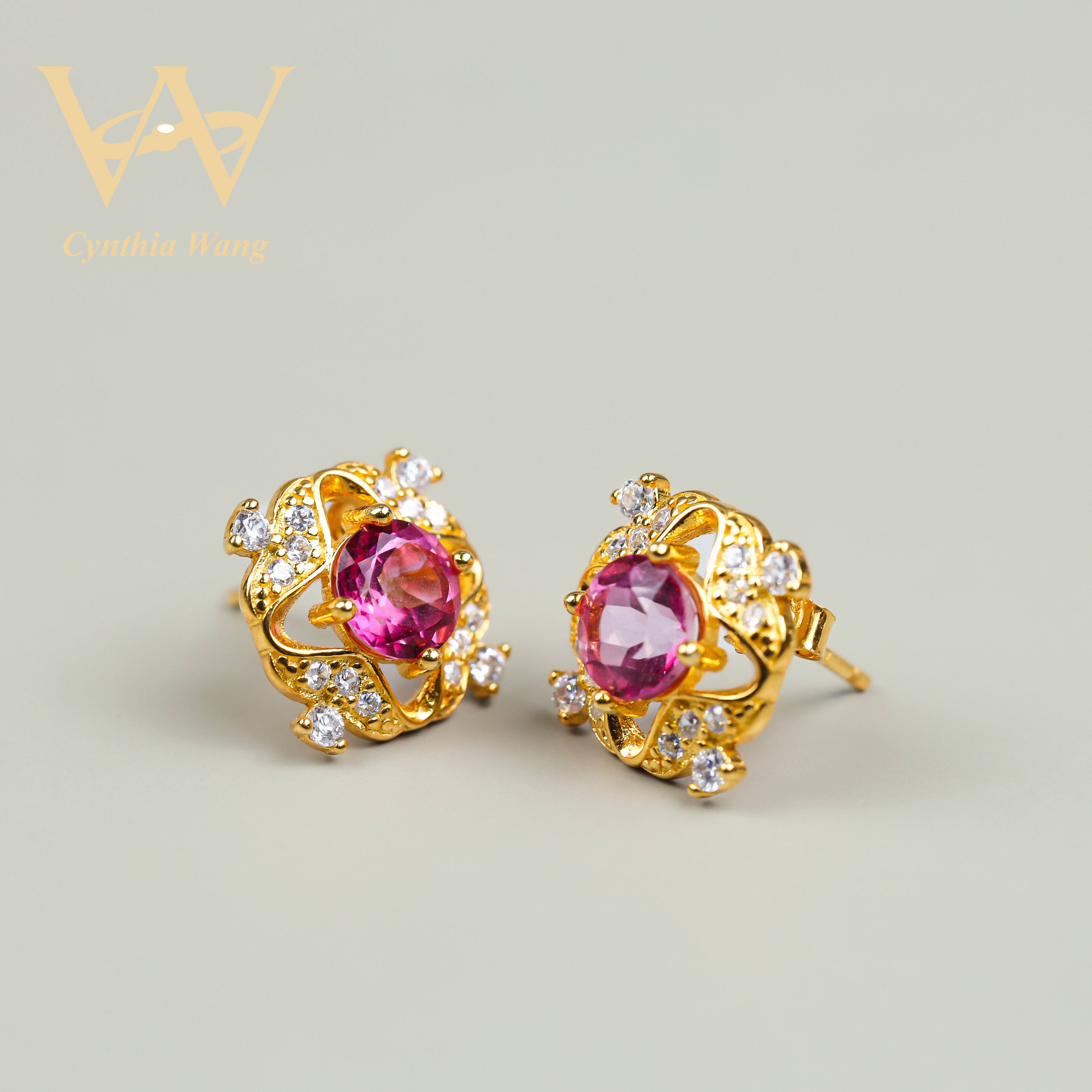 'Pink Four Pointed Star' Pink Topaz Earrings