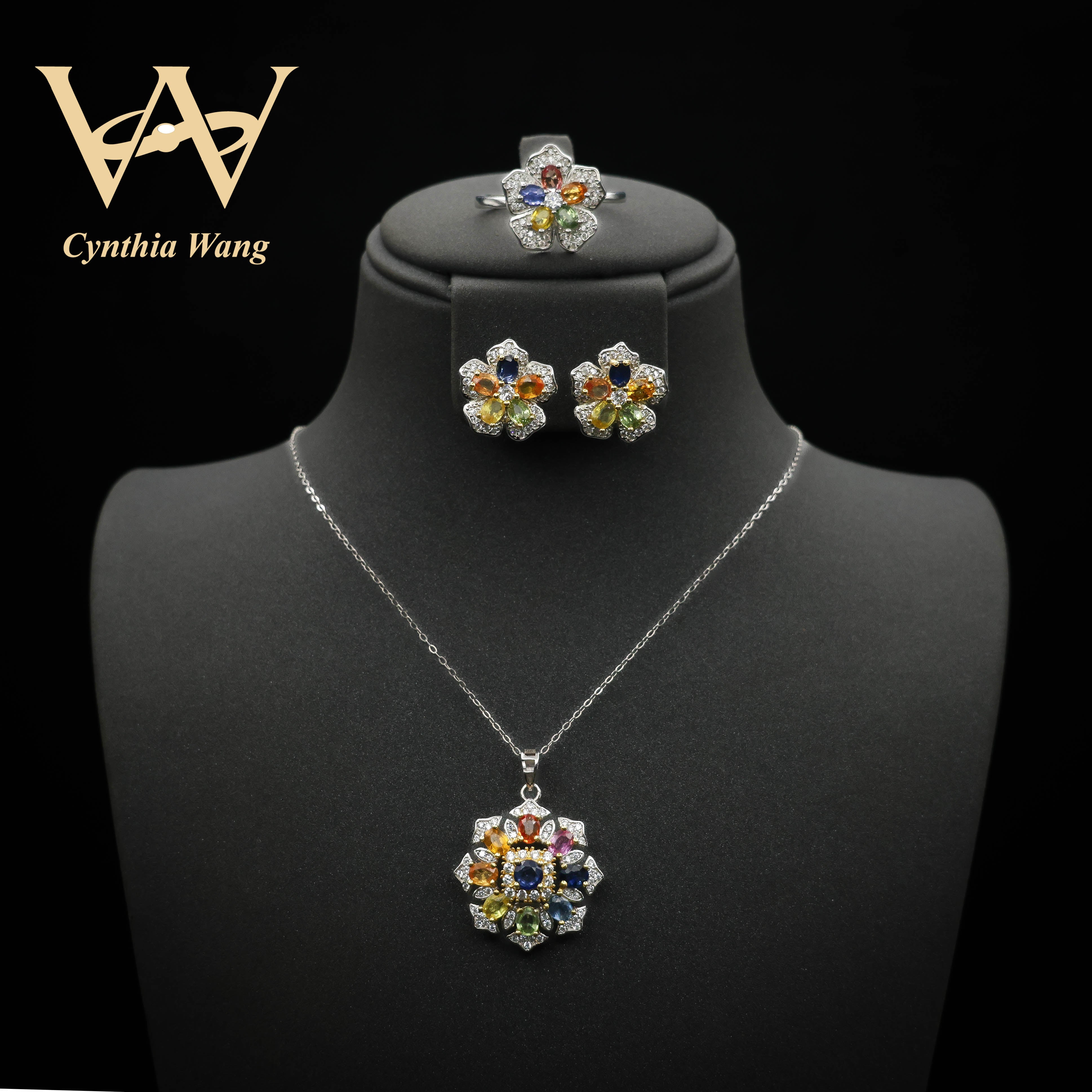 'Captivating Flower Symphony' Multicolor Sapphire Jewelry Set